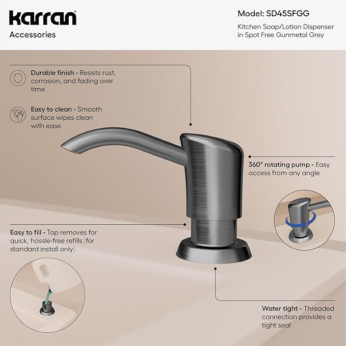 Karran SD45 Kitchen Soap Dispenser, Built-in Countertop Soap/Lotion Pump with 47" Extension Tube for Large Bottles, Dual Refill System, Commercial-Grade Durability Spot Free Gunmetal Grey