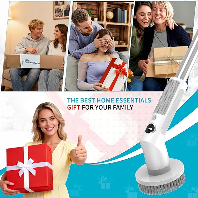 Electric Spin Scrubber, Cordless Cleaning Brush,IPX7 Waterproof Bathroom Scrubber with Adjustable Extension Handle & Battery Level Display for Bathroom Kitchen Car (ECB-S8)