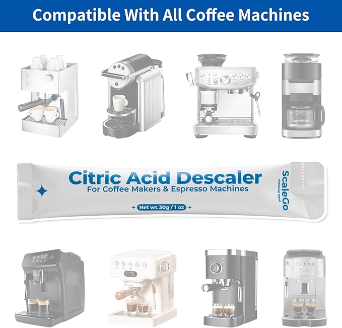Coffee Machine Cleaner & Descaler | Citric Acid Descaling Powder | Pre-measured Package for Mess-Free Use & Storage | Removes Limescale | Compatible with Keurig, Nespresso, Breville | 4 Uses