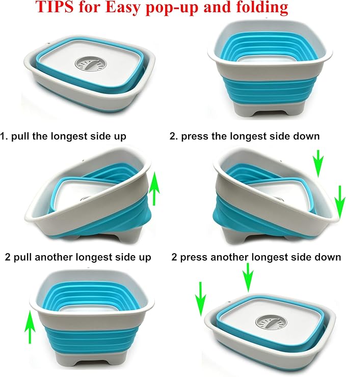 SAMMART 9.1L (2.4Gallon) Collapsible Dishpan with Draining Plug - Foldable Washing Basin - Portable Dish Washing Tub - Space Saving Kitchen Storage Tray (1, Grey/Brigt Blue)