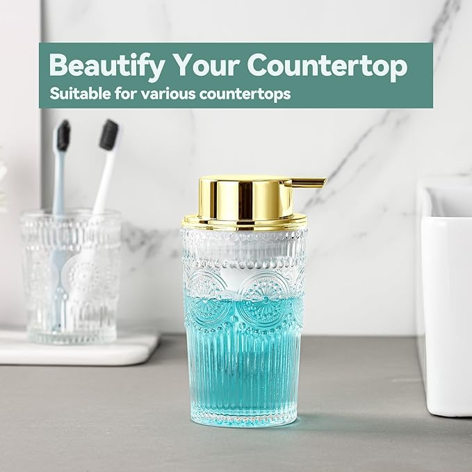 Glass Foaming Soap Dispenser - Foaming Hand Soap Dispenser for Bathroom & Kitchen, 10 OZ Transparent Foam Hand Wash Dispenser, Refillable Dish Dispenser Golden Pump
