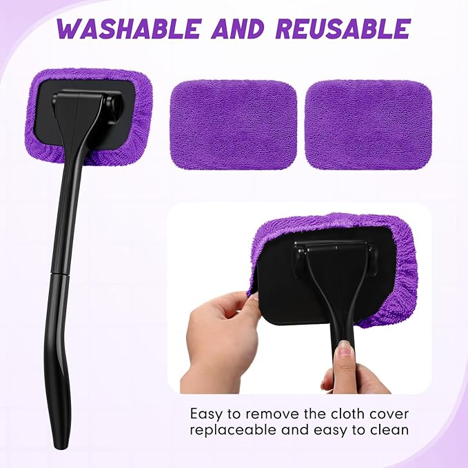 8 Pcs Car Windshield Cleaner Tool Kit with Removable Handle, Microfiber Towel Pads, Brush, Empty Spray Bottle for Auto Glass Wiper Suvs Rvs & Home Windows(Purple)