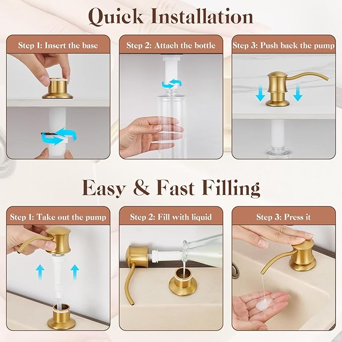 Built in Soap Dispenser for Kitchen Sink Countertop, Solid Brass Pump Head Long Spout with 10.2 Ounce PET Food Safe Material Lotion Bottle, Brushed Gold Finish