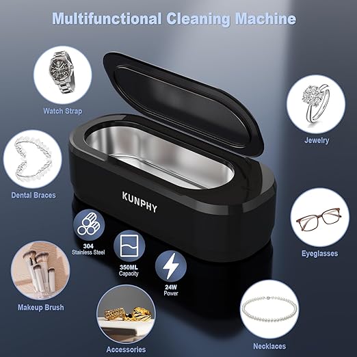 KUNPHY Sonic Jewelry Cleaner, Jewelry Cleaner Machine with 12oz 46kHz, Professional Sonic Cleaner with One-Touch Operation, Sonic Cleaner for Rings, Glasses, Jewelry, Dentures, 2packs(White+Black)