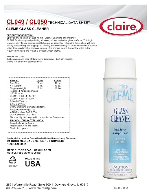 Claire Manufacturing CL050-1PK Gleme Glass Cleaner, 20 oz. can, 1 count, teal & white
