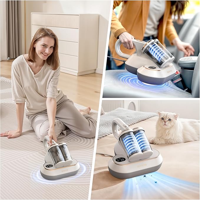 Mattress Vacuum Cleaner 13Kpa Bed Vacuum Cleaner with 253.7nm UV-C Light 149℉ Heating Dual Cup Widen Suction Port Handheld Vacuums for Bed, Sofa, Couch(White)
