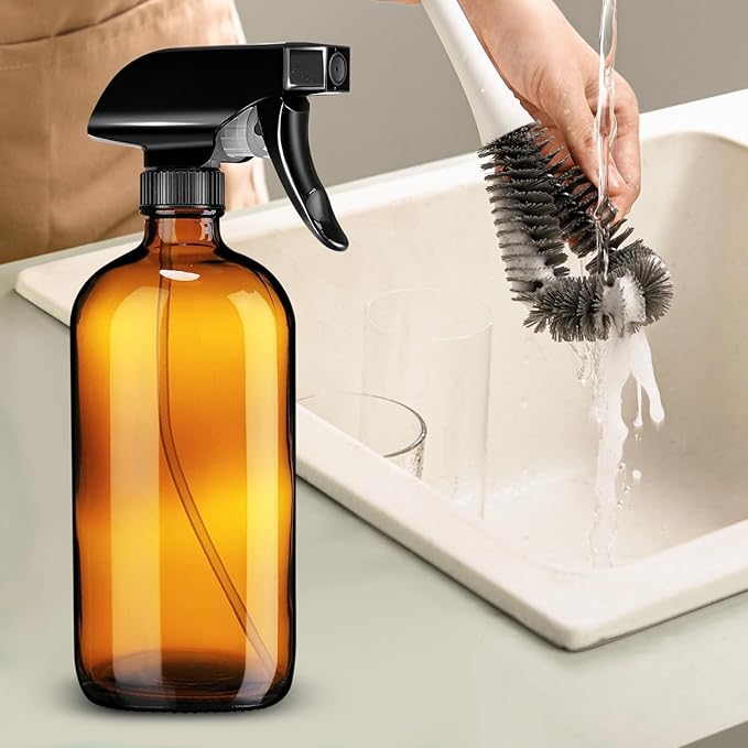 Glass Spray Bottle, 3 Pack 16oz Empty Sprayer with Funnel & Cap & Labels, Large Refillable Mist Bottles for Cleaning, Plant, Essential Oil, Facial Hydration, Water Flowers & Hair Care, (Amber)