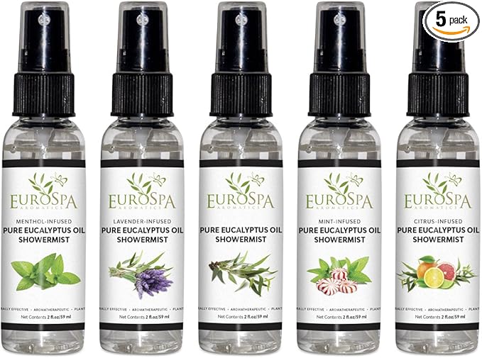 EuroSpa Aromatics Pure Eucalyptus Oil ShowerMist and Steam Room Spray, All-Natural Premium Aromatherapy Essential Oils - Variety 5 Pack - 2 oz Each