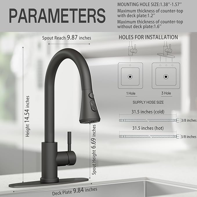 VXV Kitchen Faucets, Matte Black Kitchen Faucet with Pull-Down Sprayer, Stainless Steel Sink Faucet for Farmhouse, RV, and Bar, Pull Out Kitchen Faucet with Deck Plate and 1/2'' Adapters