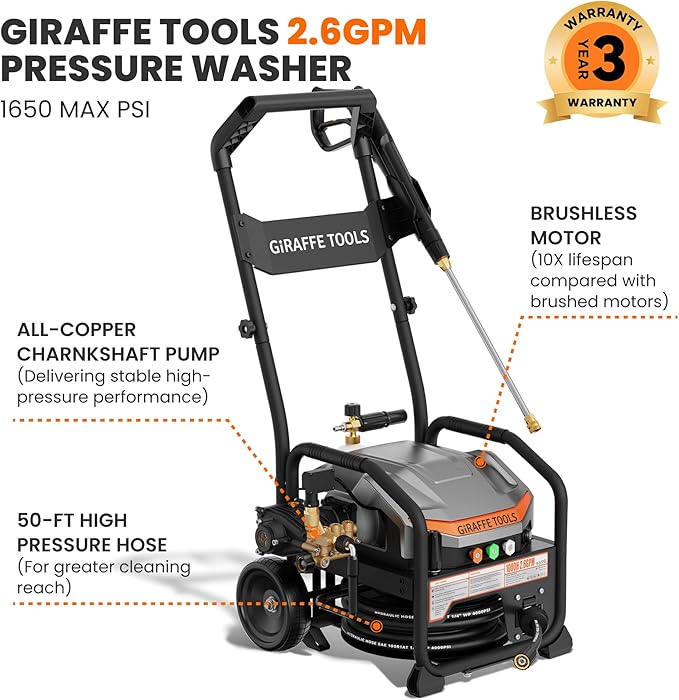 Giraffe Tools Crossfalls Retractable Pressure Washer Ultra - Mount Versatility (Wall Mounted, Trolley & Freestanding), Electric Power Washer with 1000H All-Copper Pump, Brushless Motor