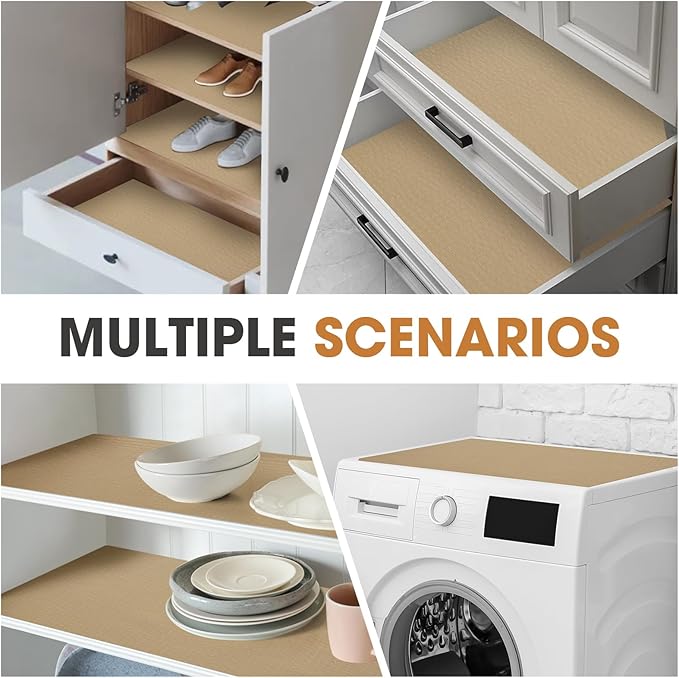 Drawer and Shelf Liner, Non-Slip Kitchen Cabinet Liners Non-Adhesive Thick Strong Grip Waterproof Washable Mats Protect Dresser Shelves Cupboard Bathroom Cabinets, Beige, 12 in X 30 FT