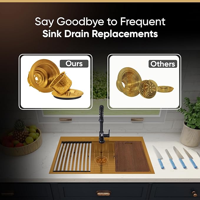 Strictly Sinks Sink Drain Strainer with Removable Basket - 3-1/2 Inch Stainless Steel Round Kitchen Sink Drain Assembly Kit with Deep Strainer Basket & Stopper (Gold)