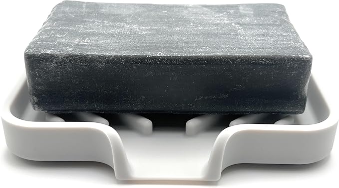 Happitasa Silicone Soap Dish Tray and Sponge Holder with Drain Chute and Feet | 3-Way Sloped Design | Bathroom and Kitchen Sink Organizer Caddy (Light Grey, 5"x4")