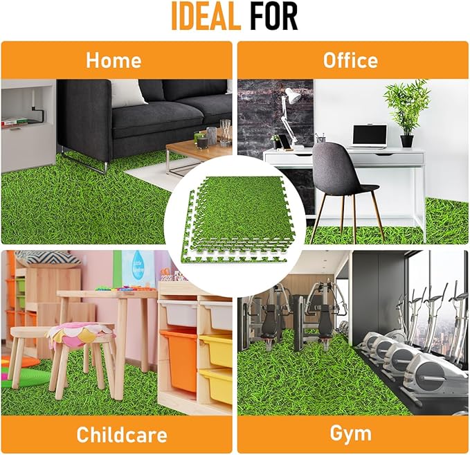 HomeCube USA 3/8 Inch Thick Interlocking Wood Grain Foam Floor Tiles for Home, Office, Workout Equipment Space, Commercial Areas, Anti-Fatigue Flooring Padding 24x24 in. Green Grass, 16 SQ Ft -4 Tiles