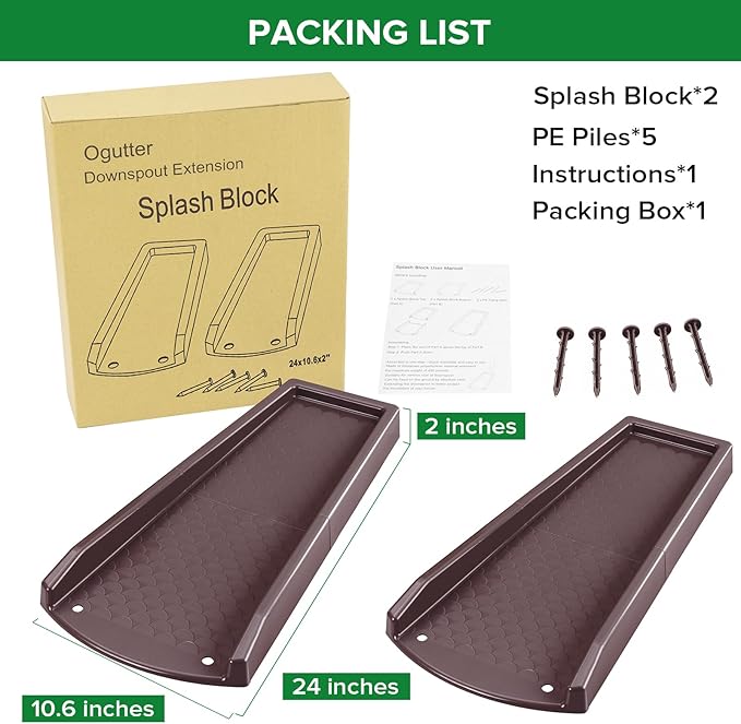 Splash Blocks for Gutters Downspouts, 24" Downspout Extensions for Rain Water Drainage, Thickened Gutter Splash Guard with Fixing Piles(2 Pack, Brown)