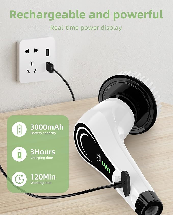 Electric Spin Scrubber, Cordless Shower Scrubber with 8 Brush Heads with Adjustable, 2H Power Dual Speed, Power Brushes with IPX7 Waterproof for Floor, Sink, Bathroom, Tile, White-qwrx3