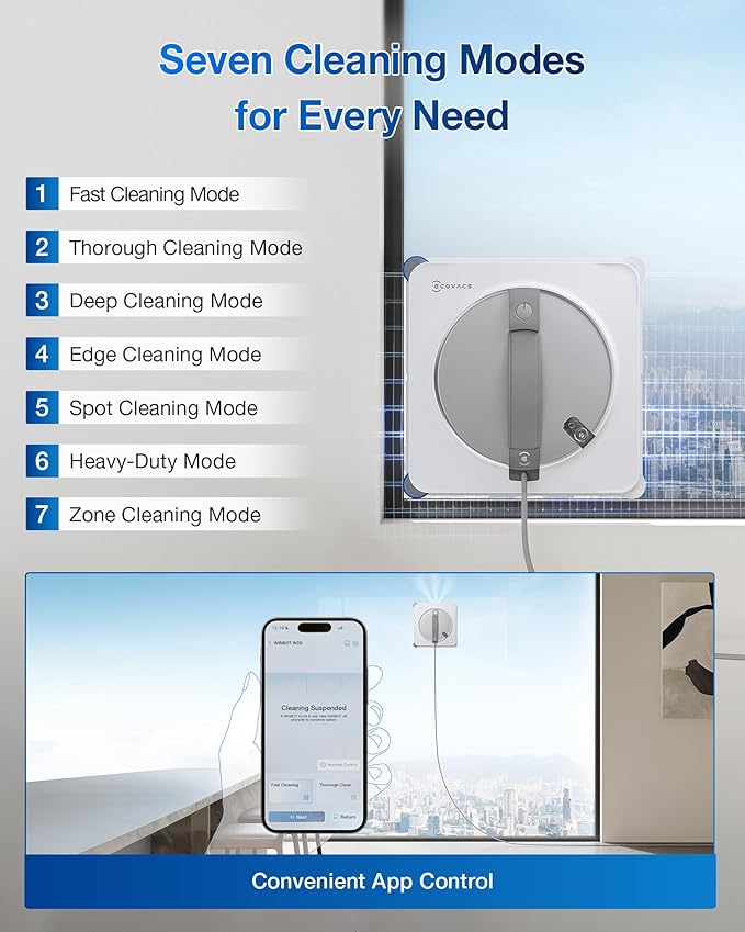 ECOVACS WINBOT W2S Window Cleaning Robot, Intelligent Edge-to-Edge Cleaning with TruEdge Scrubbers, 3 Water Nozzles, 10-Level Safety System, Win-SLAM 4.0 Route Planning, Even Climbing System