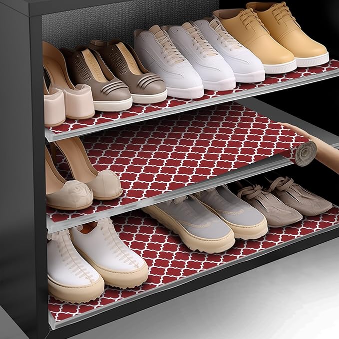 Shelf and Drawer Liner for Kitchen Cabinets Non-Adhesive, Strong Grip Non-Slip Thickened Cabinet Liners for Shelves, Waterproof Mats for Dresser Cupboard, Red/White, 17 in x 10 Feet