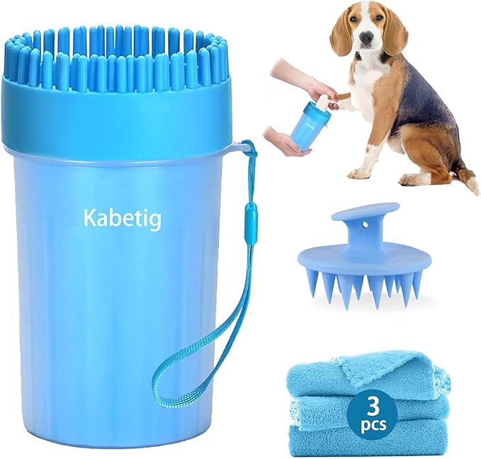 Quick Clean Dog Paw Cleaner 5-in-1 Kit, Blue (Medium) - No Full Bath Needed, Post-Walk Paw Clean - with Silicone Bath Brush, 3 Microfiber Towels - Fits Corgi 1.2-2.5 In (3.05-6.35 cm)
