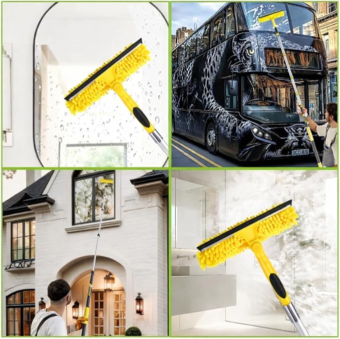 370'' Long Reach Window Squeegee with Telescoping Extension Pole, 2-in-1 Indoor/Outdoor Cleaning Tool with 270° Rotatable Head, Lightweight Alloy Aluminum Pole for Shower Door, Mirror, Car Windshield