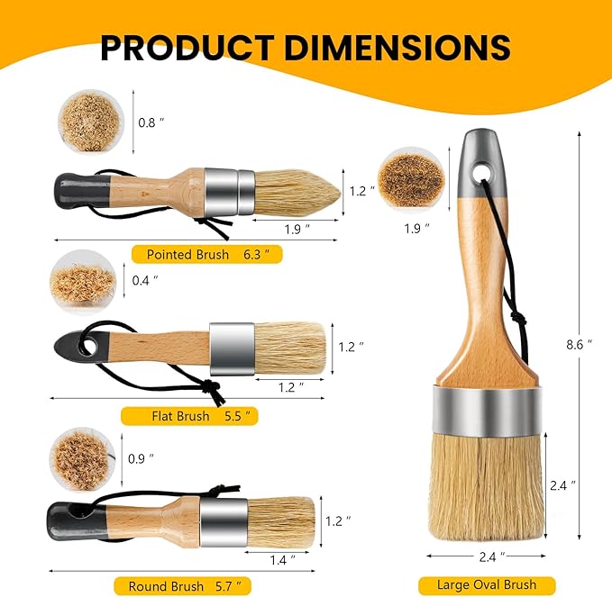 Chalk and Wax Paint Brush Furniture Set of 4, Small Round and Large Oval Brush with Natural Bristles, Perfect for Painting or Waxing Furniture, Ideal for Home Decor