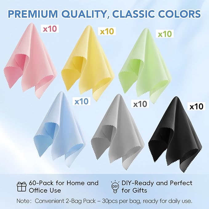 60-Pack Microfiber Cleaning Cloths for Glasses, 6x7 Inch Premium Lens Cleaning Cloth for Screens, Cameras, Eyeglasses, Cell Phone, LCD TV Screens,Assorted Colors