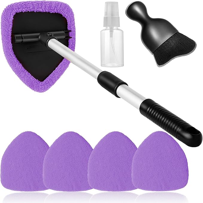 7pcs Windshield Cleaner Tool Car Window Cleaning Wash Kit with 4 Reusable Microfiber Pads 1 Spray Bottle and Extendable Handle Auto Glass Wiper Kit, Purple