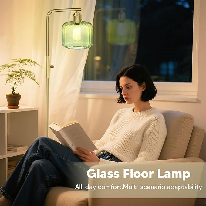 Glass Floor Lamp for Living Room, Modern Standing Lamp with Green Ribbed Glass Lampshade&Brushed Gold, Stepless Dimmable Rotary Switch, 66” Tall Lamp & Gold Floor Lamp for Bedroom Study Room