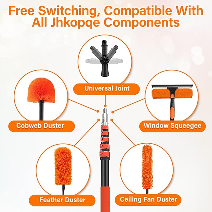 30FT High Reach Duster Cleaning Kit with 24FT Pole | 4-in-1 Tool Set with Universal Swivel Joint | High Ceiling Fan Cleaner, Microfiber Duster, & Window Squeegee for Safe High-Reach Cleaning