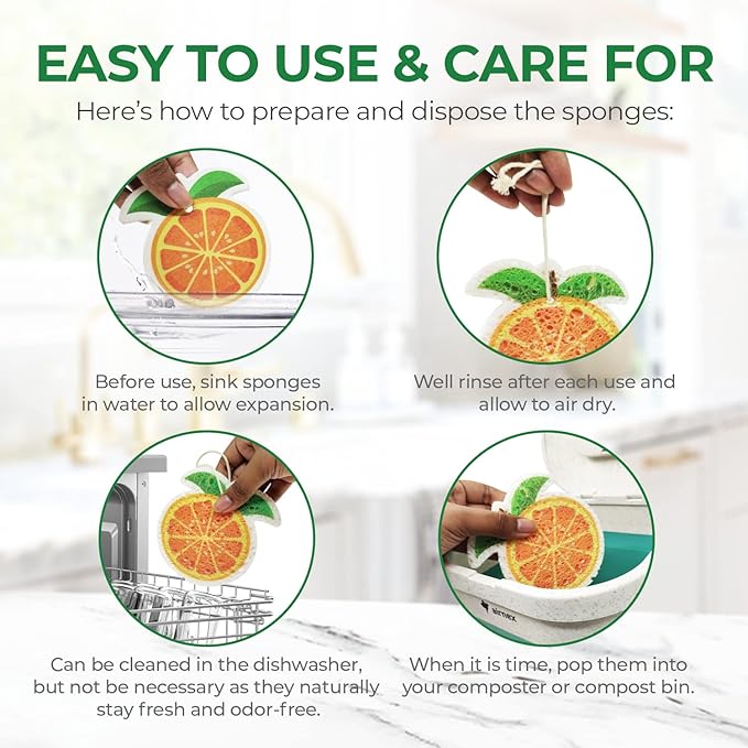 AIRNEX Biodegradable Cellulose Compressed Sponges Bulk - Fruit Shaped Kitchen Pack of 12 - Eco Friendly, Odor Free, Natural, Pop Up Compostable Scrubbers for Washing Dishes