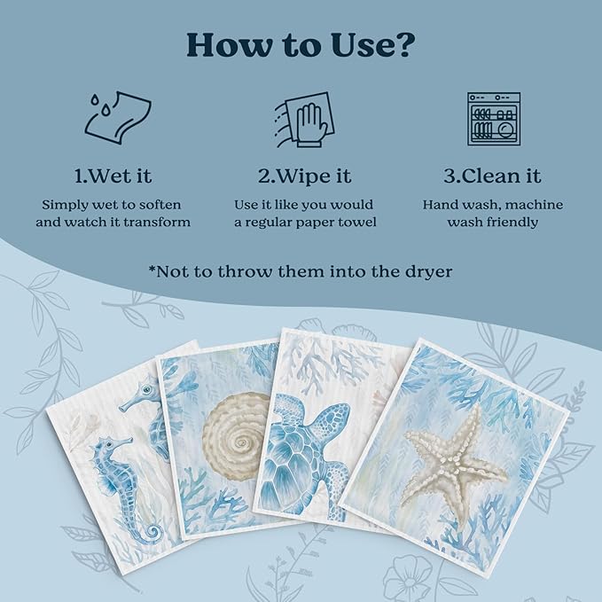Swedish Dishcloths for Kitchen, Summer Ocean Coastal Beach Decor Kitchen Dish Towels for Washing Dishes, 4 Pack Reusable Paper Towels Washable, Sponge Cloths for Home Cleaning Baking Cooking