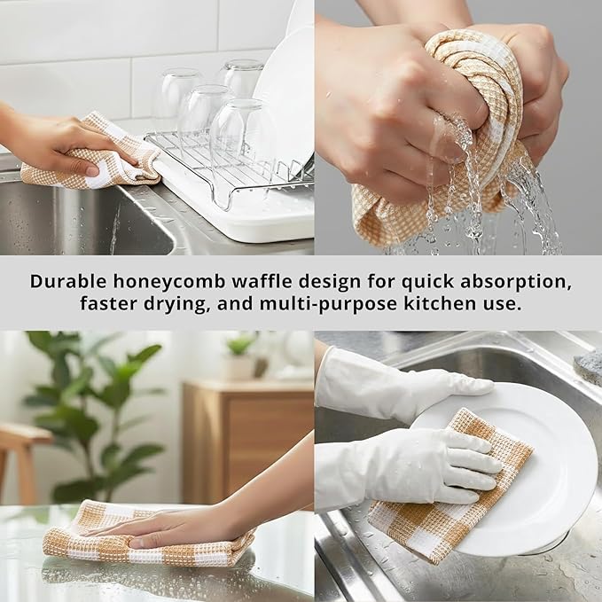 PurpleEssences Waffle Weave Plaid Dish Cloths, 100% Cotton, 12x12 Inch, Soft Absorbent Quick Drying Buffalo Check Dish Rags for Kitchen, 8 Pack, Christmas Holiday Winter - Beige & White