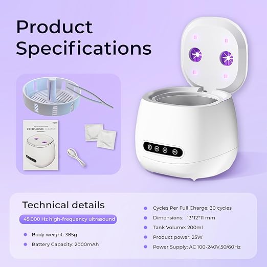 Ultrasonic Retainer Cleaner with UV Sterilizer, 45kHz Dental Cleaning Machine for Dentures, Aligners, Mouth Guards, Braces & Jewelry – Portable 200ML Rechargeable Cleaning Pod W190MAX (White)