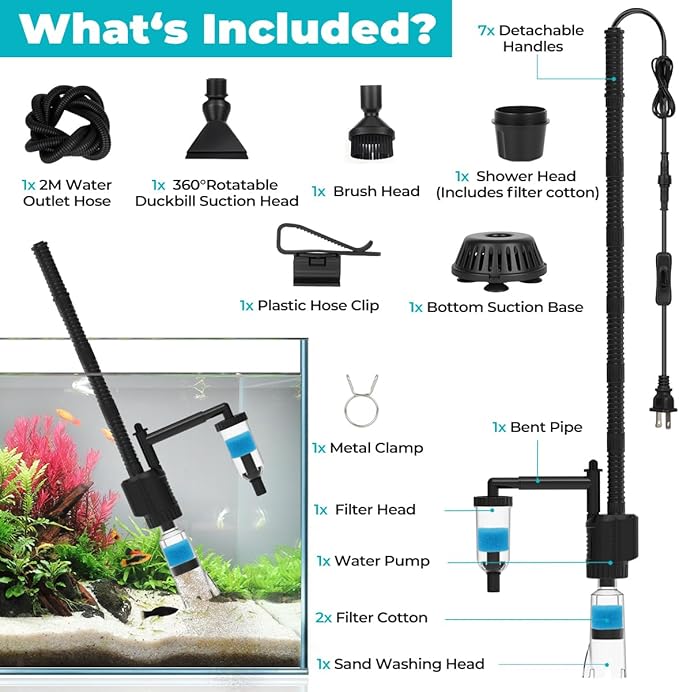 fishkeeper Electric Aquarium Gravel Cleaner, 8 in 1 Automatic Fish Tank Cleaner Kit Gravel Vacuum for Fish Tank, for Change Water/Wash Sand/Water Filter/Water Circulation (30W 480GPH)