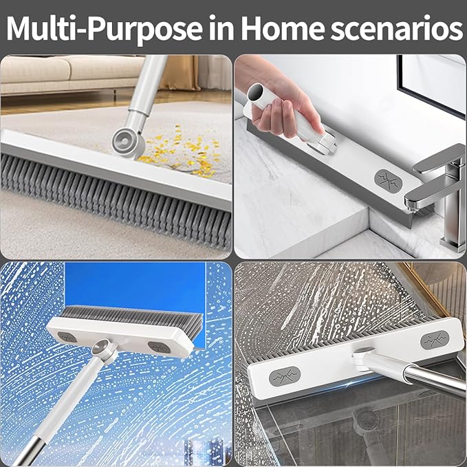 Floor Scrub Brush, 2 in 1 Cleaning Brush with Long Handle,Floor Scrubber Suit for Kitchen, Bedroom, Patio, Shower, Garage & Deck - Heavy Duty Tile, Concrete & Wood Surface Scrubber(White Grey)