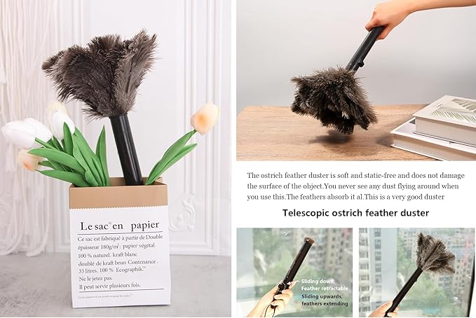 Retractable Ostrich Feather Duster for Cleaning, 15 Inch Fluffy and Natural Feather Duster with Retractable Handle, Reusable Eco-Friendly Handheld Cleaning Supplies (10 pcs)