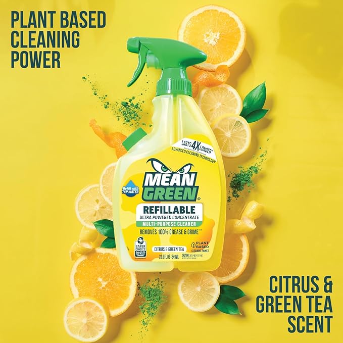 Mean Green Refillable Ultra Powered Multi-Purpose Cleaner Concentrate, Citrus & Green Tea, 14.3 fl oz (2-Pack) – Plant & Mineral Based, Cuts Through Grease & Grime, Refillable Bottle Makes 4X Refills
