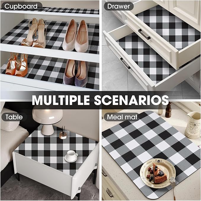 Drawer and Shelf Liner, Non-Slip Kitchen Cabinet Liners Non-Adhesive Thick Strong Grip Waterproof Washable Mats Protect Dresser Shelves Cupboard Bathroom Cabinets, Buffalo Plaid, 18 in X 10 FT