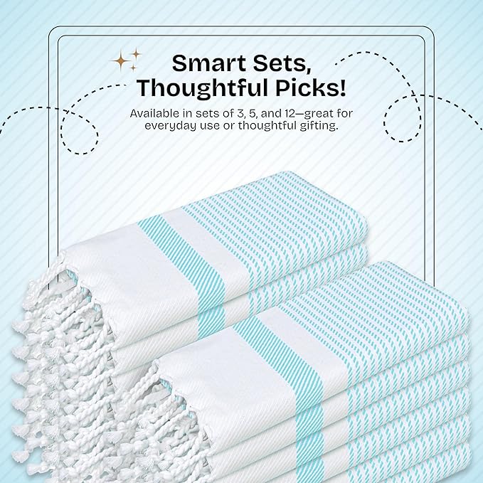 Aqua Blue Turkish Kitchen Towels 16x26 Inch, 3 Pack, 100% Cotton, Super Absorbent, Fast Dry, Machine Washable, Dish Towel with Tassels for Drying Dishes, Cleaning, Everyday Use