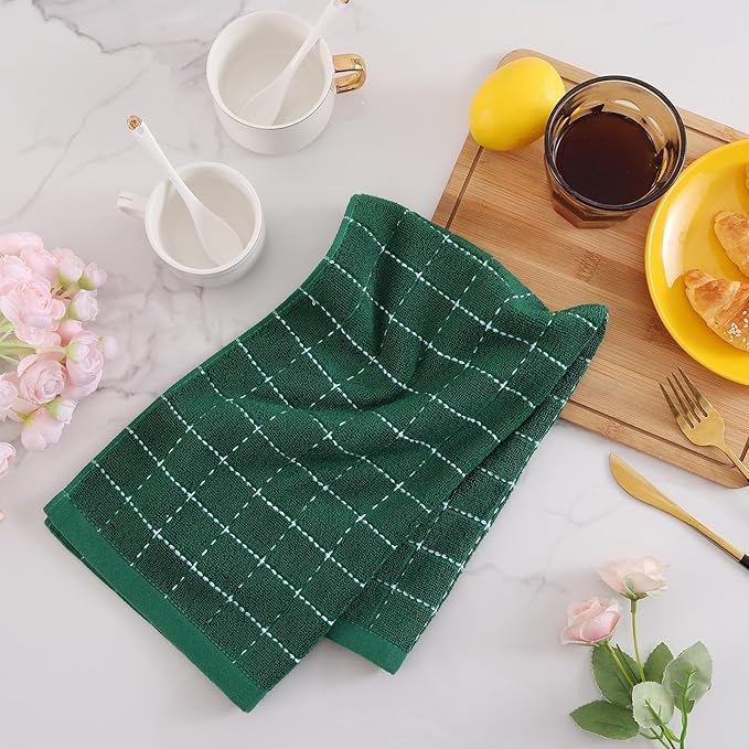Mordimy 100% Cotton Terrycloth Kitchen Towels and Dishcloths Sets, Soft and Absorbent Checkered Dish Towels, Quick Drying Dish Rags for Washing Dishes, 4 Pack 16" x 26" & 4 Pack 12" x 12", Dark Green