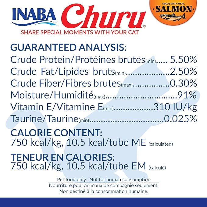 INABA Salmon Churu Cat Treats, Lickable, Squeezable Creamy Purée Cat Treat with Green Tea Extract & Taurine, 0.5 Ounces Each Tube, 60 Tubes, Salmon Variety Box