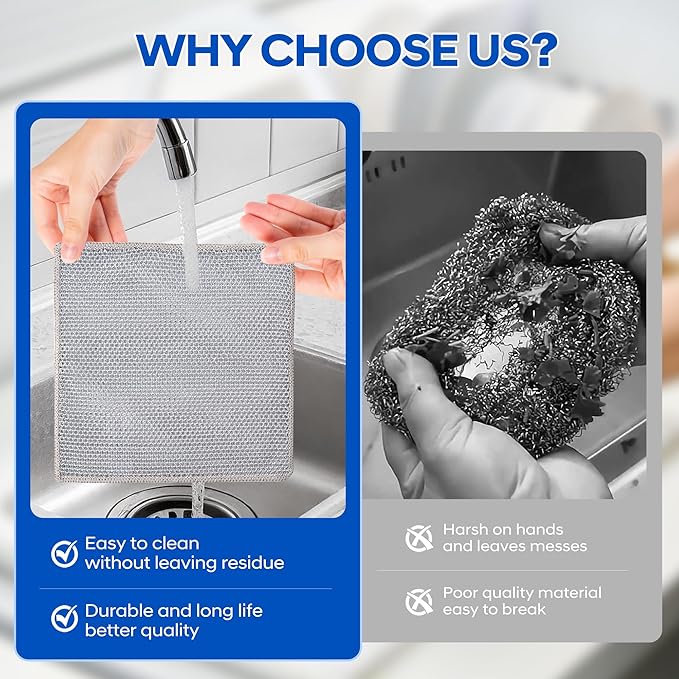 Non Scratch Wire Dishcloths-Upgraded Multiple-Layer Steel Wool Dish Rags Multipurpose Wire Dishwashing Rags Quick-Dry Odor-Free Wire Cloth Cleaning Rags Home Essentials Tools Size (7.87 x 7.87)25 PC's