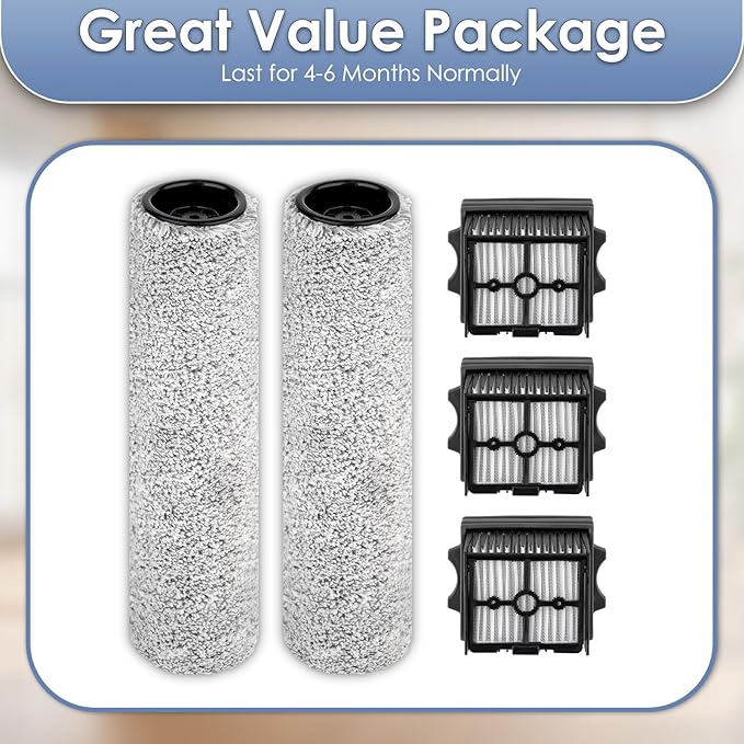 (5 Pack) Floor One S9 Artist Pro Brush Rollers and HEPA Filters Compatible with Tineco Floor One S9 Artist Pro Wet Dry Vacuum Cleaner (Excluding Handle), 2 Brush Rollers, 3 HEPA Filters