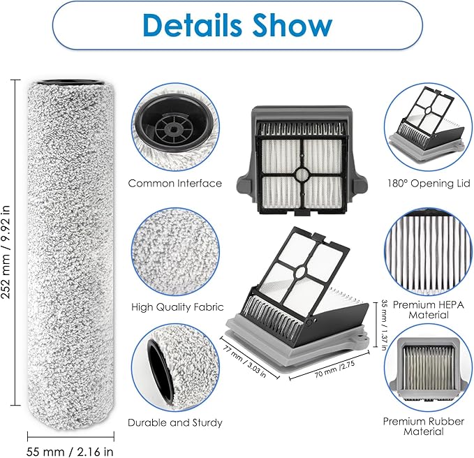【Version 2, Detachable Roller】(6 Pack) S7 Pro Brush Rollers and HEPA Filters Compatible With Tineco Floor One S7 Pro, Floor One S6 Wet Dry Vacuum Cleaner, 3 Roller and 3 Filters (Excluding Handle)