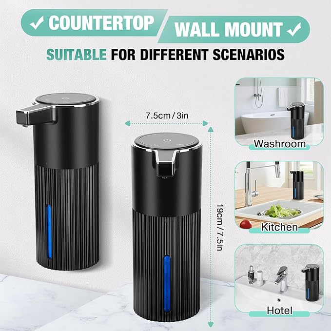2 Pack Automatic Soap Dispenser: 14oz Plastic - Touchless 4 Level Adjustable Wall Mount Black Rechargeable Electric Auto Smart Liquid Soap Dispenser Set - Bathroom Kitchen Hand Dish Lotion