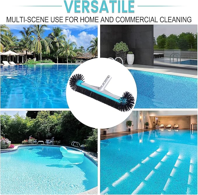 Swimming Pool Brush Head with Round Ends,17.5" Heavy Duty Aluminum Back Head for Cleans Walls, Tiles & Floors, 7 Rows Premium Nylon Bristles with EZ Clips (Blue Black)