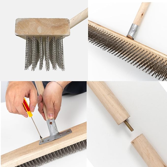 Stainless Steel Deck Scrub Brush Broom with Long Handle -Scrubber Brush with Pole, Stiff Metal Bristle Brush for Removing Weed Moss Outdoor Floor Scrub Brush for Patio, Deck, Garden