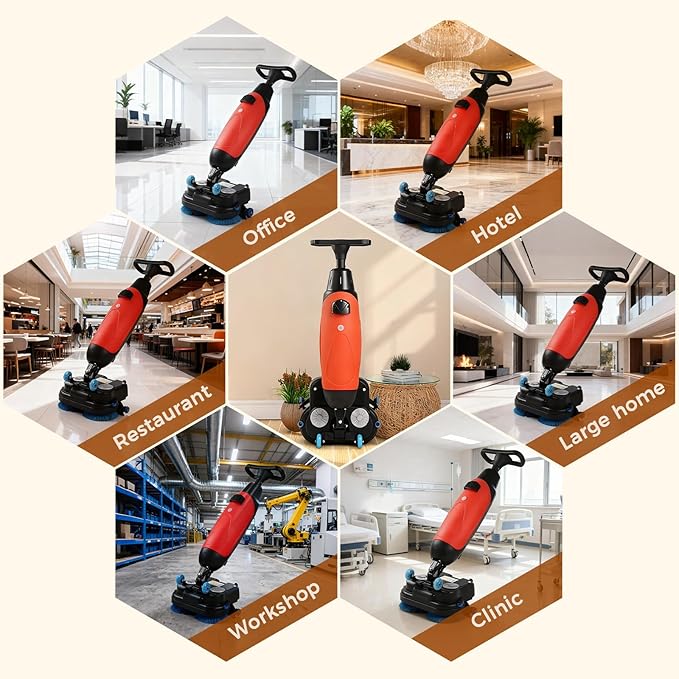Cordless Electric Floor Scrubber & Polisher, 17” Path, Double Brushes, 360° Swivel Head, Ideal for Commercial Retail & Office Cleaning, Heavy-Duty Performance