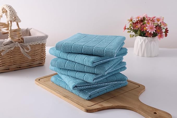 Homaxy 100% Cotton Terry Kitchen Dish Cloths, Ultra Soft and Absorbent Dish Towels for Kitchen, Suitable for Drying and Washing Dishes, 6 Pack, 12 x 12 Inches, Lake Blue