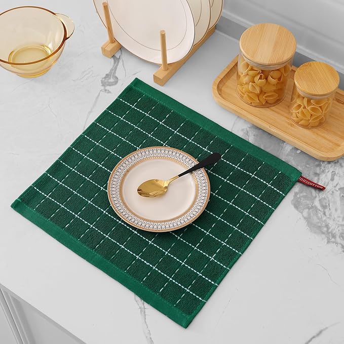 Mordimy 100% Cotton Terry Cloth Dish Cloths, Soft and Absorbent Checkered Dish Towels, Quick Drying Dish Rags for Washing Dishes, 8 Pack, 12 x 12 Inches, Dark Green